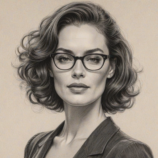 Elegant Lena Headey, pencil sketch, portrait of Bewitching woman 1941s in glasses, hair style beatnik, outline, clear lines, fine lines, 8k