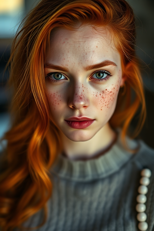 portrait of a woman with red hair and freckles, soft natural light, shallow depth of field, 85mm f/1.4 lens, Canon EOS R5, ISO 100, focus on eyes, high dynamic range for rich colors and textures