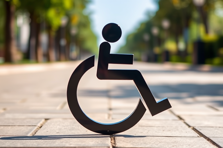 Create a high-resolution image of a wheelchair symbol with a modern design, using a DSLR camera at f/8, ISO 100, 50mm lens, captured from a slight low angle for emphasis, in natural lighting.