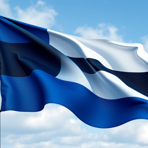 Create a high-resolution illustration of the Estonian flag waving in the wind, using a DSLR camera with a 50mm lens, aperture set to f/2.8, ISO 100, and a shallow depth of field to enhance the colors and details of the fabric.