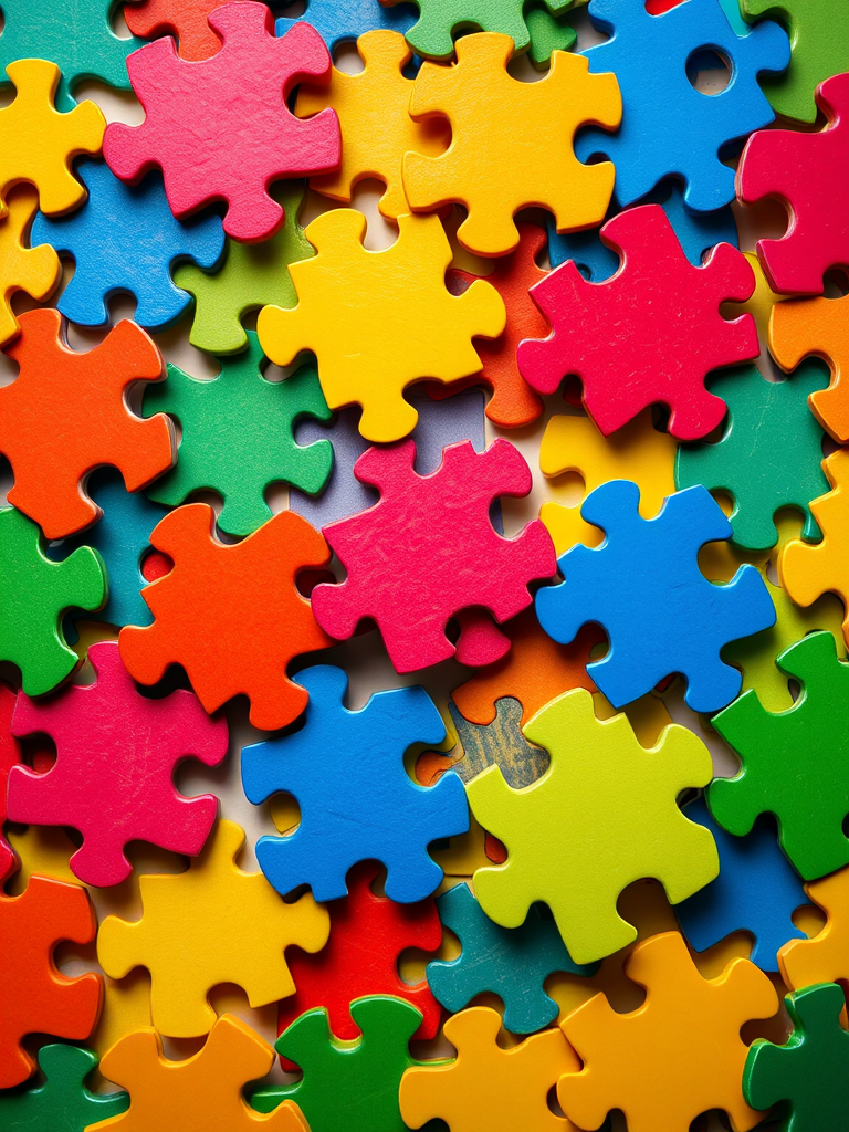 vibrant colorful puzzle pieces background, high resolution, 50mm lens, f/2.8 aperture, ISO 100, top-down view, DSLR camera, bright lighting