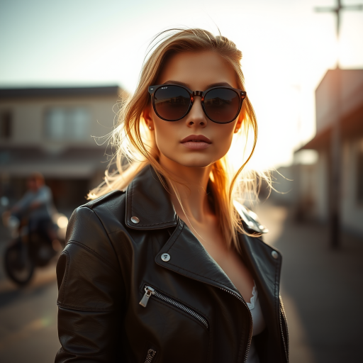 Outdoor shot, stunning female model, vintage leather jacket, sunglasses, cinematic effect, Position the camera at the model’s eye level using a 35mm f/1.4 lens
