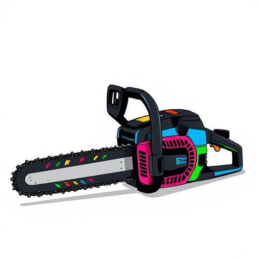 Generate a high-resolution digital illustration of a chainsaw with a vibrant color scheme, featuring a black, pink, blue, and multicolored design, shot from a slightly elevated angle using a DSLR camera with a 50mm lens, aperture set to f/2.8, ISO 100, and a shutter speed of 1/200s, ensuring sharp focus and rich colors.