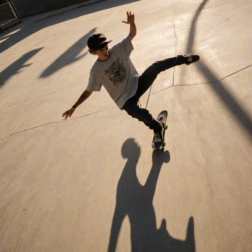 Blurry action shot of a skateboarder performing a trick in an urban skate park, soft glow from overhead streetlights casting long shadows on the concrete, with distant graffiti-covered walls.