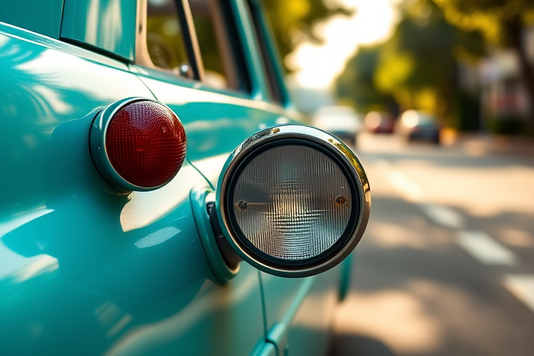 photograph a classic turquoise car in soft daylight, focus on the details of the side mirror and indicator light, use a shallow depth of field, aperture f/2.8, ISO 100, shutter speed 1/500s, shot with a full-frame DSLR at eye level, using a wide-angle lens for a slightly exaggerated perspective, ensure a clean background with blurred street and greenery