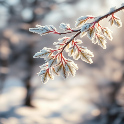 frost-covered leaves on a branch in a soft-focus winter landscape with a bright background, taken with a Canon EOS R5, 50mm f/1.8 lens, ISO 100, aperture f/4, shutter speed 1/100 sec, natural light, shallow depth of field