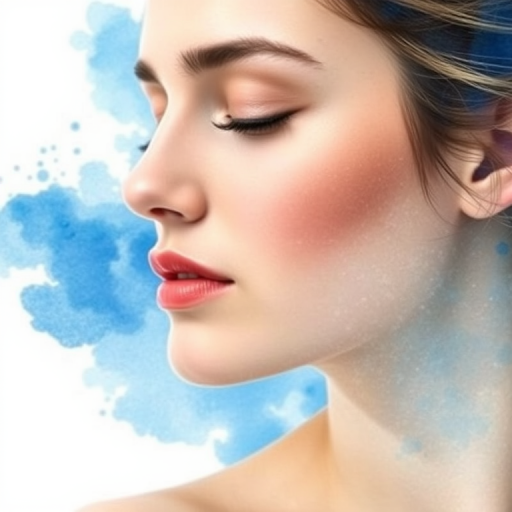 Create a high-resolution watercolor portrait of a serene woman with closed eyes, soft skin tones, and gentle blue background splashes, using a 50mm lens, f/1.8 aperture, natural light, and a digital single-lens reflex camera for enhanced details.