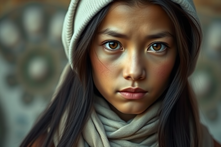 Create a portrait of a young Tibetan female with long, dark hair and captivating hazel eyes. She is wearing a white headscarf and a matching scarf draped gracefully around her neck. The background is softly blurred, focusing attention on her serene and natural expression. The overall color palette is muted and warm, enhancing the intimate and authentic feel of the portrait.