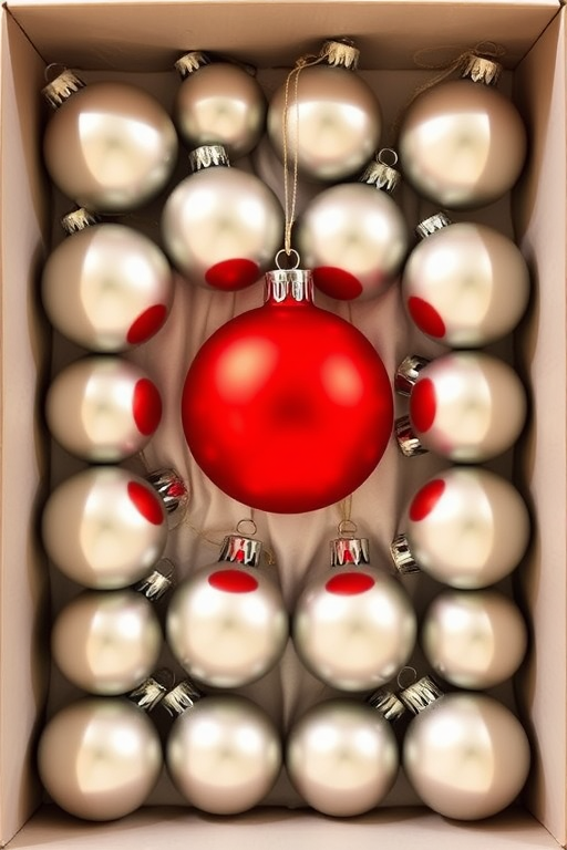 Create an image of a neatly arranged box containing twelve Christmas ornaments. The ornaments should be silver and matte in finish, with one bright red ornament in the center. The box should have a soft, cushioned lining to protect the ornaments, and the overall aesthetic should convey a festive holiday spirit.