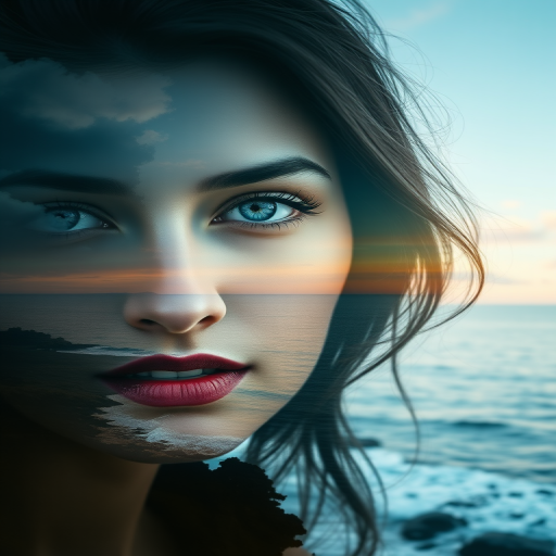this picture is Book cover, A surreal double exposure portrait that blends a woman's face with a beautiful seascape. The overall mood is dreamy and mystical, with rich colors and intricate details