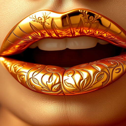 Glamorous metallic gold lips with a high-shine finish, featuring intricate Art Deco-inspired patterns etched into the surface for added texture and dimension