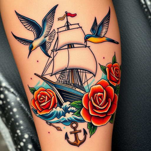 Neo-traditional tattoo named "Sailor's Lament" featuring a bold and colorful rendition of a nautical scene with a ship battling stormy seas, accented by vibrant swallow birds and classic roses, utilizing thick black outlines and a rich color palette of deep blues, bright reds, and warm yellows, incorporating traditional maritime symbols such as anchors and compasses to enhance the storytelling aspect of the design, ideal for those drawn to timeless tattoo styles with a modern twist