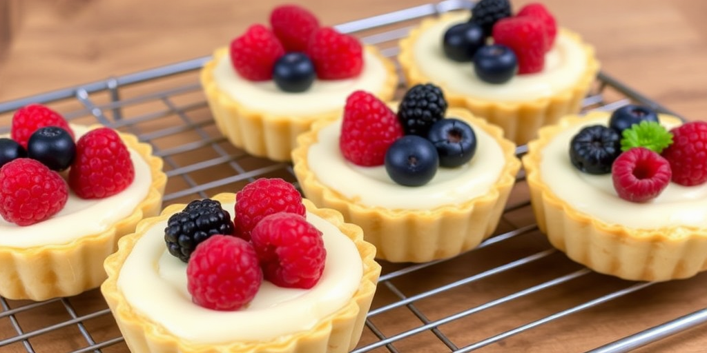 Delicious fruit tarts with a creamy filling topped with fresh raspberries blueberries and blackberries on a wire rack with a wooden background