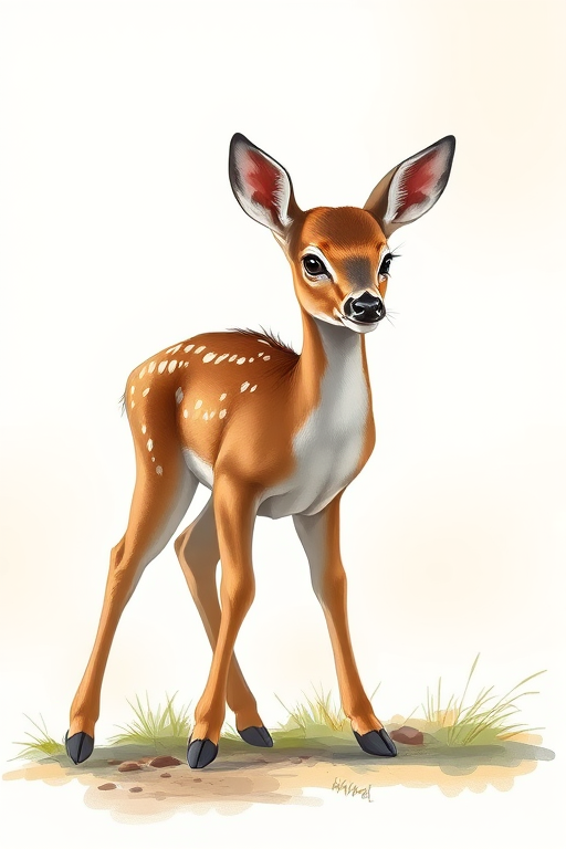 Create a detailed illustration of a young deer in a crouching position with a soft background, using a digital painting style, with a focus on natural colors, high resolution, and a balanced composition. Use a Canon EOS 5D Mark IV, 50mm lens, aperture f/2.8, ISO 100, natural lighting.
