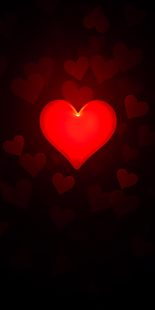 Create an image of a glowing red heart surrounded by darker abstract hearts in a dimly lit background, using a Canon EOS R5, f/2.8 aperture, 1/60 sec shutter speed, ISO 100, in macro mode for enhanced detail and depth of field.