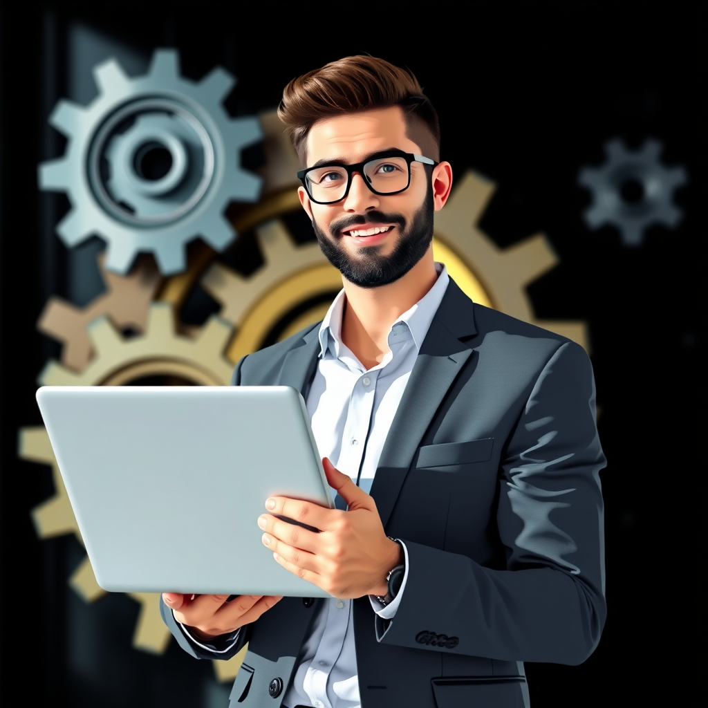 Create a high-quality digital illustration of a business professional holding a laptop with gears in the background, using a soft focus lens, shooting in natural light at f/2.8 aperture, ISO 100, and a focal length of 50mm.