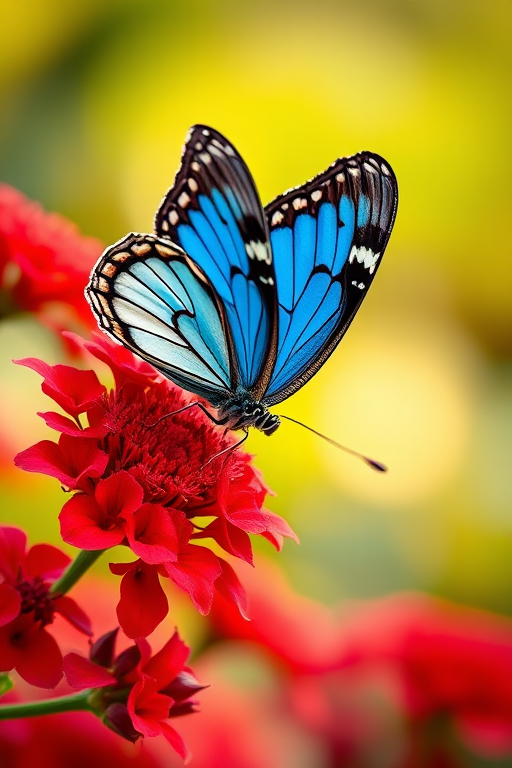 Create an image of a butterfly resting on vibrant red flowers in a soft, blurred background. The butterfly should have intricate patterns on its wings, showcasing shades of blue, white, and black. The scene should evoke a sense of tranquility and natural beauty.