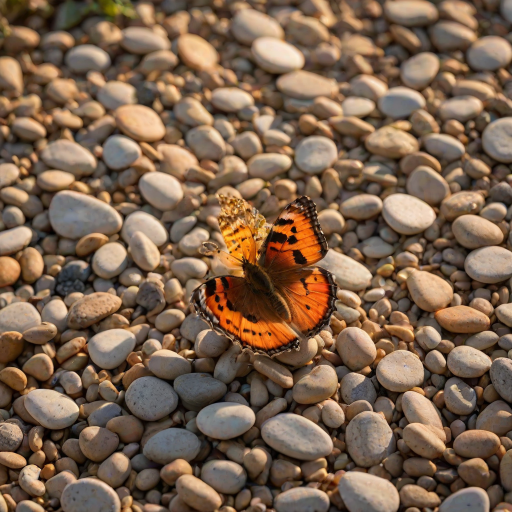 A vibrant orange and yellow butterfly with black markings is perched on a bed of small, brown pebbles in the warm, golden light of a setting sun. The butterfly is facing the viewer with its wings slightly raised, creating a sense of delicate movement. The background is a soft, blurred green and yellow, creating a gentle, natural atmosphere. The image is captured in a close-up perspective, focusing on the butterfly's intricate details and the warm glow of the sunlight.
