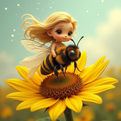 a whimsical cute girl with big eyes, big hair and flowing dress, riding astride a bumble bee, and flying across the top of the sunflower, which are just waking up, and catching dew drop of rain