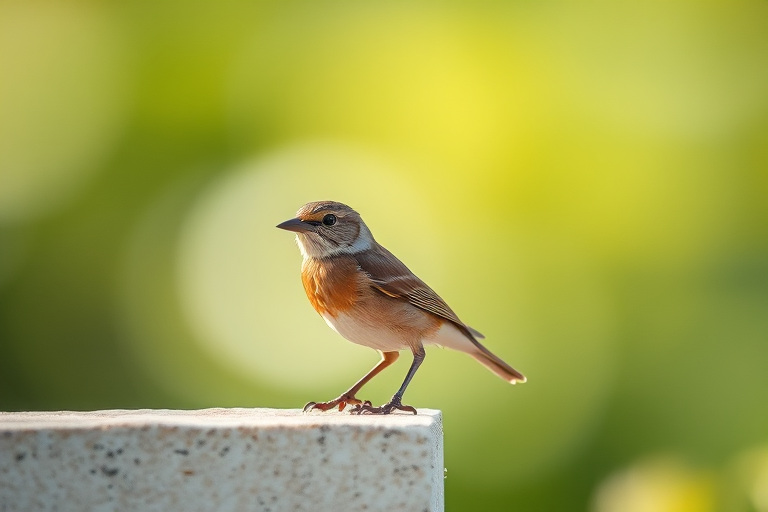 Regenerate an image of a small brown bird perched on a ledge with a blurred background, using a Canon EOS 5D Mark IV, 85mm lens, aperture f/2.8, ISO 400, in natural light for enhanced image quality.