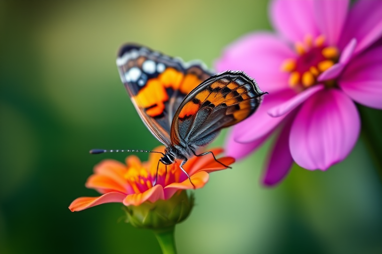 Capture a close-up of a colorful butterfly on a vibrant flower with a shallow depth of field, using a Canon EOS 5D Mark IV, 100mm f/2.8 macro lens, ISO 100, aperture f/2.8, and a shutter speed of 1/200s, in natural soft lighting.