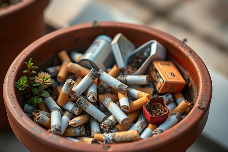a close-up shot of a flowerpot filled with discarded cigarette butts and empty cigarette packs, natural lighting, aperture f/2.8, ISO 200, 50mm lens, shallow depth of field, DSLR camera