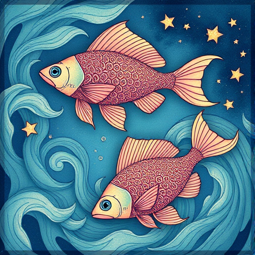 Generate an illustration of three ornate fish swimming through swirling waves and stars, with intricate patterns and soft pastel colors, shot with a DSLR camera at f/2.8, ISO 200, 50mm lens, top-down view, capturing high detail and vibrant textures.