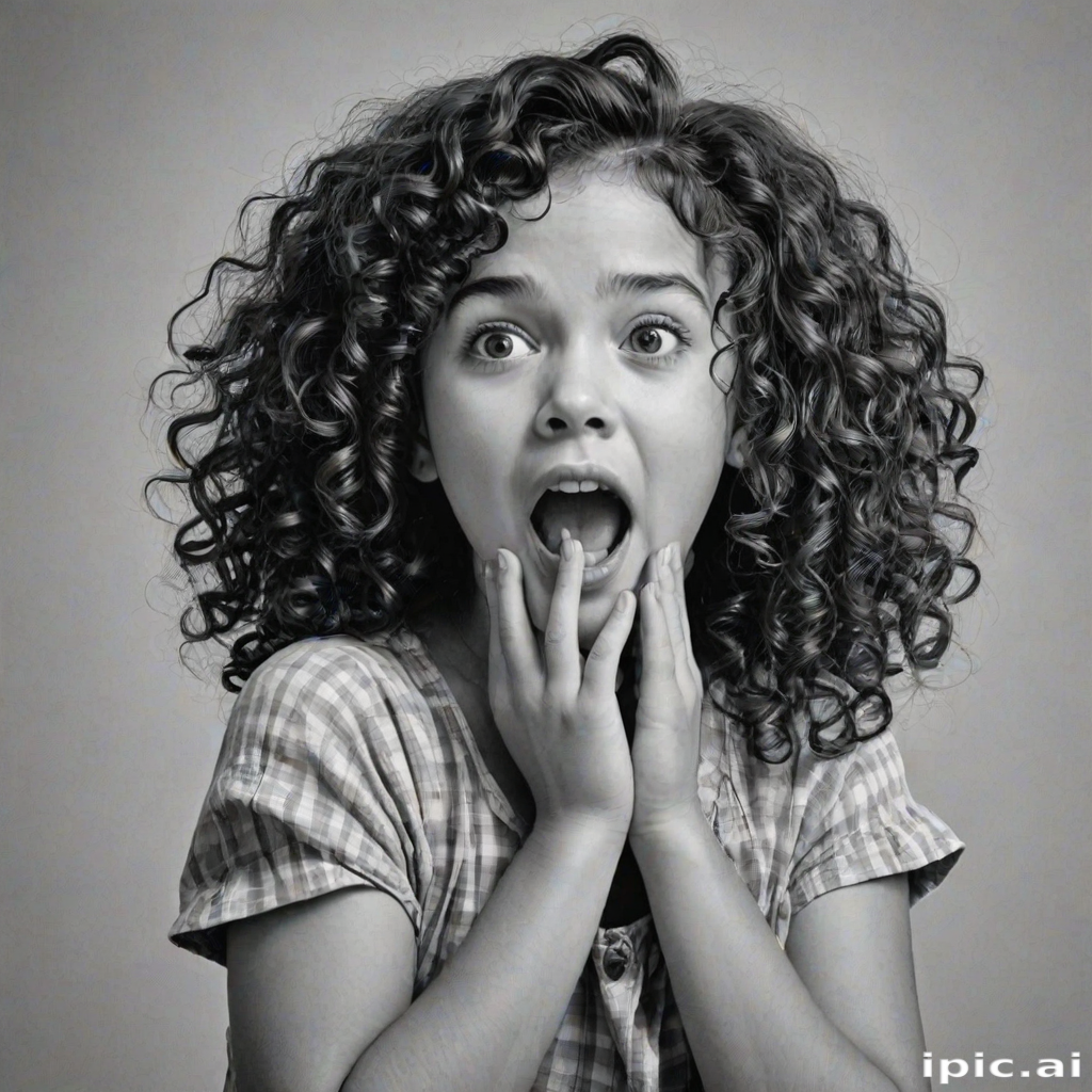 The image is a black and white illustration of a young girl with curly hair. She has a surprised expression on her face with her mouth open and her hands clasped together in front of her chest. Her eyes are wide and her eyebrows are furrowed. Her hair is styled in loose curls that are cascading down her back. The overall mood of the image is one of shock or surprise.