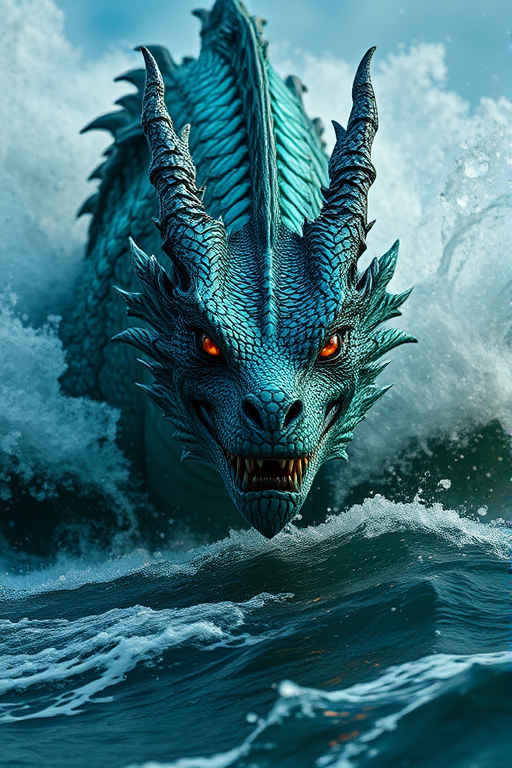 A majestic dragon emerging from turbulent ocean waters, highly detailed scales shimmering in turquoise and emerald hues, with glowing orange eyes piercing through mist and waves, captured with a Canon EOS R5, 50mm lens, f/1.8 aperture, ISO 100, high dynamic range, dramatic lighting, low-angle perspective for a powerful impact.