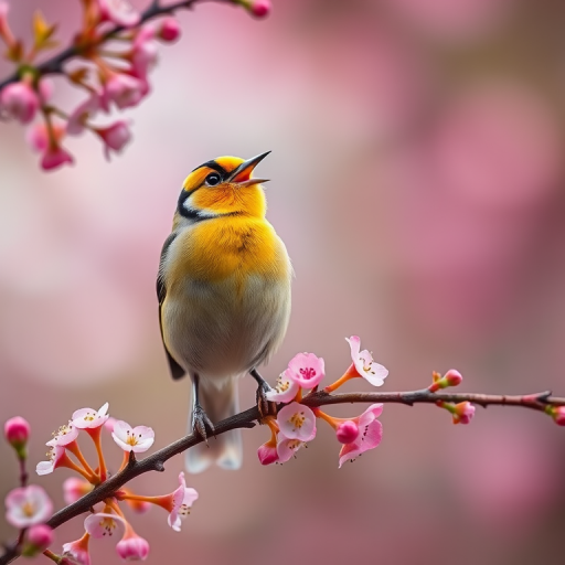 Create a vibrant image of a goldfinch singing on a flowering branch with a soft bokeh background, using a Canon EOS R5 camera, 50mm f/1.2 lens, aperture set to f/2.8, ISO 200, and a shutter speed of 1/125s for optimal detail and clarity.