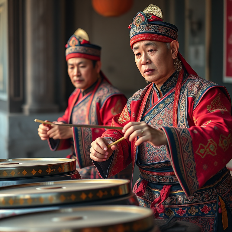 Capture a close-up shot of two traditional musicians playing a large set of gongs, showcasing their intricate attire and focused expressions, using a Canon EOS 5D Mark IV with a 50mm lens, aperture f/2.8, ISO 100, and a soft, natural light setting.