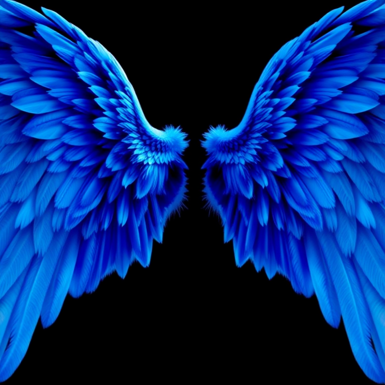 Regenerate an image of vibrant blue angel wings, detailed feather texture, soft lighting for depth, using a DSLR camera with a 50mm lens, aperture f/2.8, ISO 100, shot from a slightly elevated angle to capture the wings' full span, in high resolution for clarity and vibrancy.