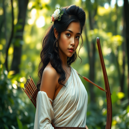 Create a portrait of a goddess-like Pacific Islander girl figure in a tranquil, forested environment. She has an elegant appearance with long, wavy hair styled in an updo and adorned with a delicate, floral headband. She wears a flowing, ancient Greek-inspired gown in a soft, pale color, featuring a one-shoulder design and draped fabric that accentuates her graceful form. The outfit includes a decorative belt with ornate gold detailing, and she holds a bow in her hand, with a quiver of arrows slung over her shoulder. The background depicts lush greenery, with sunlight filtering through the trees, casting a gentle, ethereal light on the scene. Her expression is calm and contemplative, embodying a sense of wisdom and serenity.