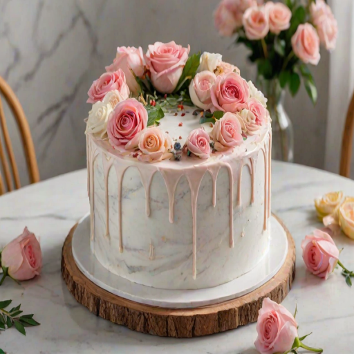 Generate an image of a beautifully decorated cake on a marble countertop. The cake should be adorned with a variety of colorful flowers, including pink roses and bright red blooms, arranged in a circular pattern on top. Surround the cake with scattered flowers and greenery, and include a wooden chair in the background for a cozy setting. Make sure the lighting is soft and inviting.