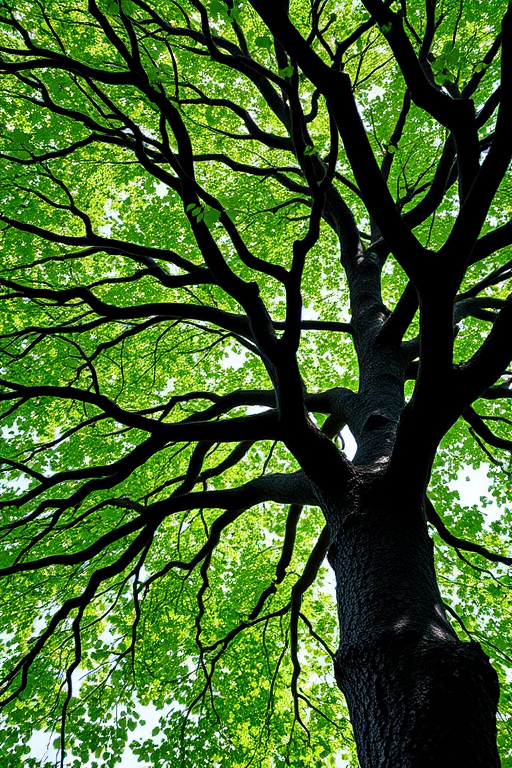 Create a high-resolution image of a stylized tree with intricate black branches and vibrant green leaves, shot from a low angle, using a DSLR camera at f/8 aperture, ISO 100, 50mm lens, and natural light for enhanced details and contrast.