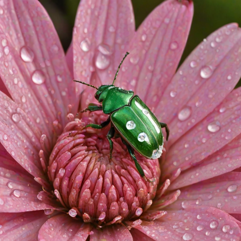 A close-up of a pink and white flower with droplets of water on its petals, featuring a green beetle resting inside the bloom.