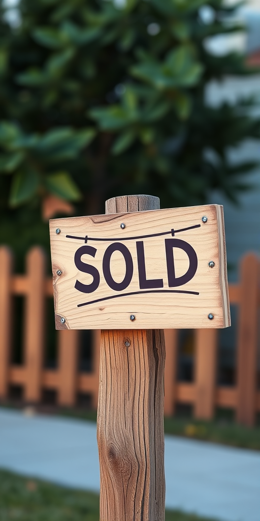 Create a high-resolution digital illustration of a "SOLD" sign on a wooden post, with vibrant colors and realistic textures, using a Canon EOS R5 camera, 50mm lens, f/1.8 aperture, ISO 100, and a shallow depth of field to emphasize the sign while softly blurring the background.