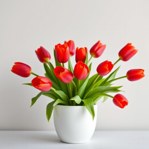 A bouquet of vibrant red tulips in a sleek white pot on a light gray background, shot with a Canon EOS R5, 50mm lens, f/2.8 aperture, ISO 100, 1/125 sec exposure, using soft lighting for enhanced colors and shadows.