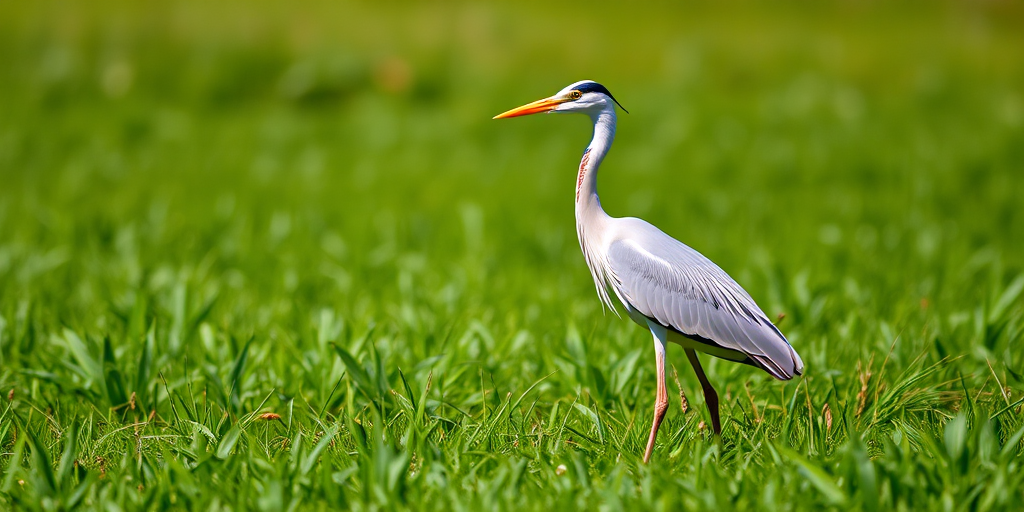 heron standing in a green field, natural light, aperture f/4, shutter speed 1/200s, ISO 100, 50mm lens, side view, DSLR camera