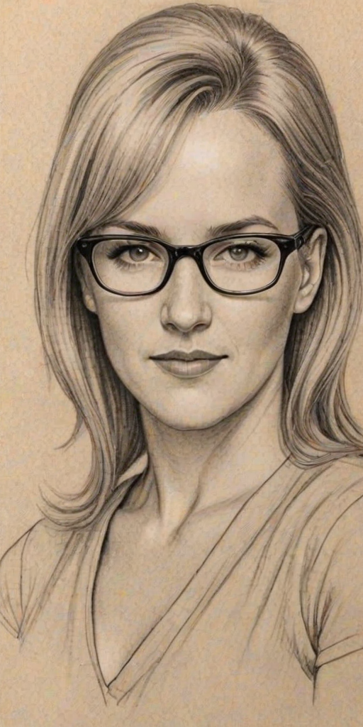 Attractive Renee O'Connor, pencil sketch, portrait of Wonderful woman 1930s in glasses, hair style beatnik, outline, clear lines, fine lines, 8k