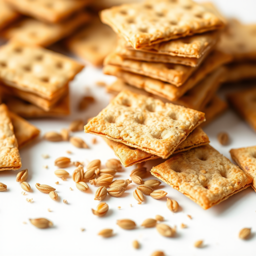 generate a close-up image of a stack and scattered whole grain crackers on a white background with natural lighting, f/2.8 aperture, ISO 100, 50mm lens, macro photography style