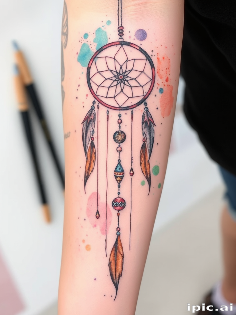 Watercolor sketch tattoo called "Ephemeral Dreams" featuring a dreamcatcher with flowing feathers and delicate beads, rendered in a loose and expressive style with soft washes of pastel colors blending seamlessly into each other, incorporating subtle splatters and drips to enhance the ethereal quality of the design, accented by fine line work to define key details, ideal for those drawn to artistic and whimsical tattoo styles that evoke a sense of magic and wonder