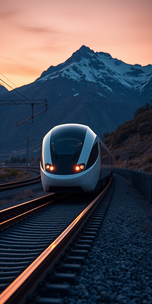 Generate a futuristic sleek train on tracks in a mountain setting during twilight, captured with a Canon EOS R5, 24mm lens, f/2.8, ISO 100, at dusk, with a wide-angle view to enhance depth and clarity.