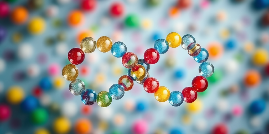 Create an image of an infinity symbol made of colorful spheres, captured with a DSLR camera at f/2.8 aperture, ISO 100, 50mm lens, top-down view, using a macro photography style to enhance detail and vibrancy.