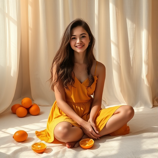 A young woman with wavy hair sitting on a light fabric-covered floor, wearing a mustard-colored dress, surrounded by soft drapes and a few oranges in a warm, sunlit atmosphere.