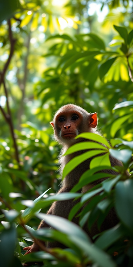 Capture a monkey in a lush green rainforest, with dappled sunlight filtering through the leaves, using a DSLR camera with a 50mm lens, aperture set to f/2.8, ISO 400, shutter speed 1/250s, shot from a low angle for a natural look.