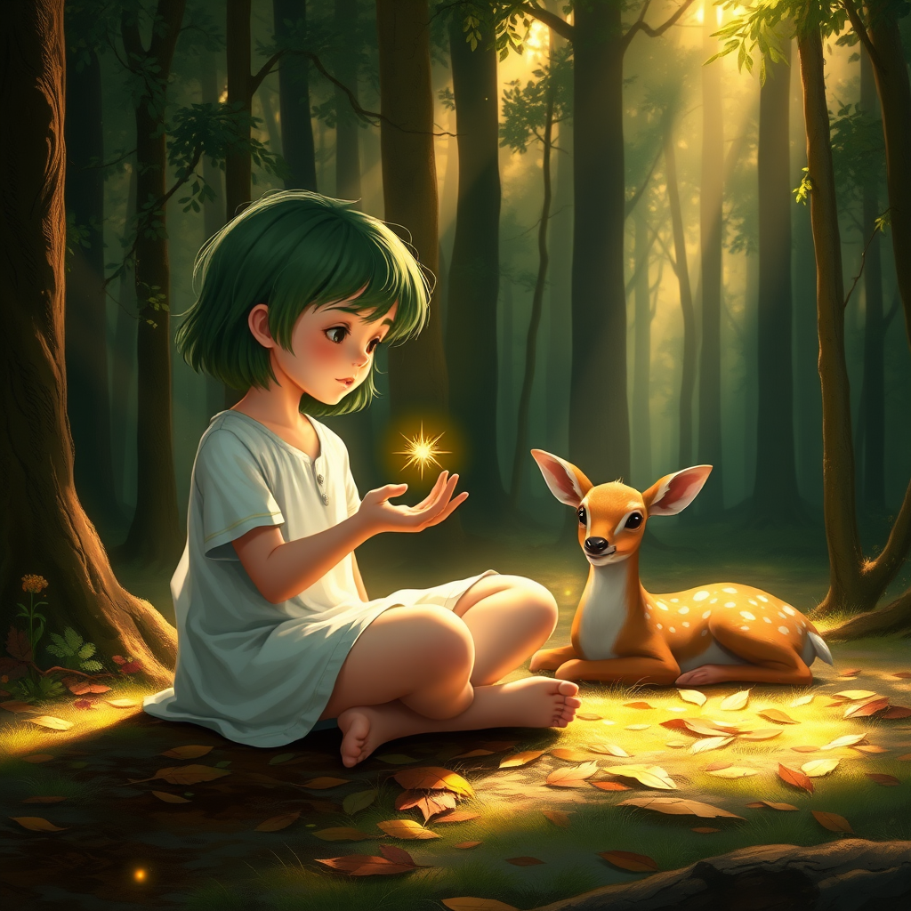 A luminous digital painting of a serene forest scene featuring a barefoot young female, about 7 years old, with green hair and fair skin, dressed in a simple white outfit. He sits cross-legged on the forest floor, gazing at a small, glowing, magical firefly in his hand. Beside him, a delicate spotted deer lies calmly on a bed of dried leaves, observing the scene. The dense forest is bathed in warm, golden light filtering through the trees, creating a peaceful, magical atmosphere with a blend of natural and mystical elements.