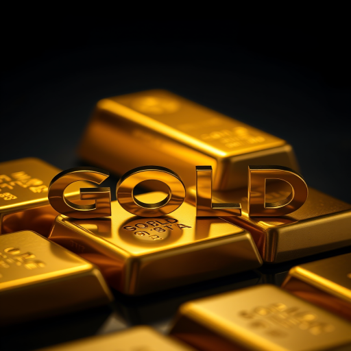 Create an image of the word GOLD with gold bars in the background, shot with a Canon EOS R5 at f/8, ISO 100, 1/200 sec, using a shallow depth of field and a top-down perspective to enhance the brilliance of the gold.