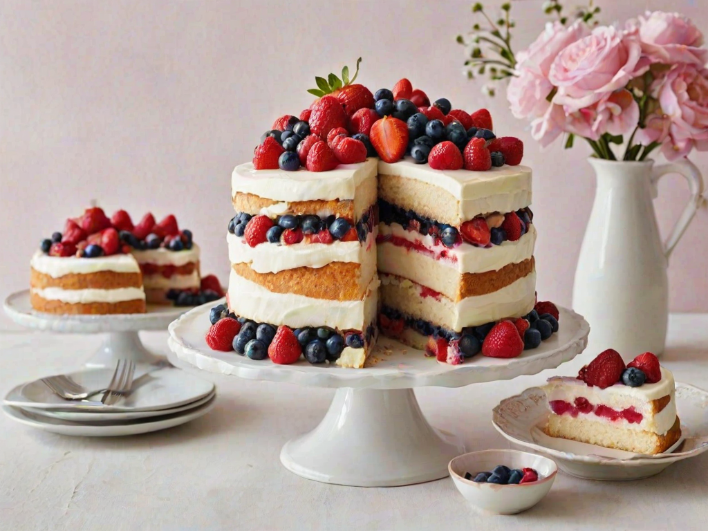 Generate an image of a layered cake with visible layers of cream and mixed berries such as strawberries, blueberries, and raspberries. The cake should be elegantly displayed on a tiered cake stand, with a slice cut out to showcase its interior. Surround the cake with fresh berries and a small pink box nearby. The setting should have a light, inviting atmosphere, possibly with a blurred background of a dining table.