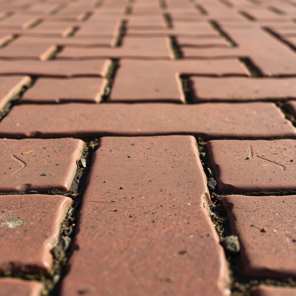 A close-up shot of a brick pavement in a herringbone pattern, natural lighting, f/4 aperture, ISO 100, 50mm lens, shot from a low angle, DSLR camera.